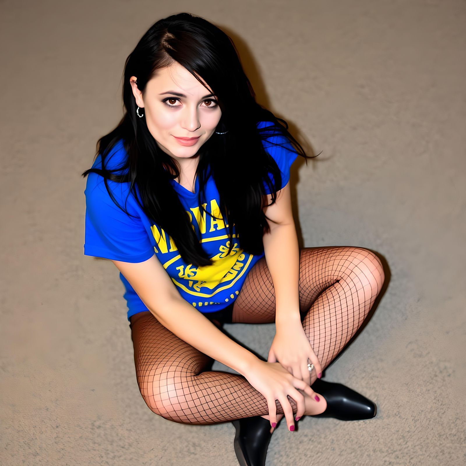 Woman in Nirvana T-Shirt Sitting on Carpet