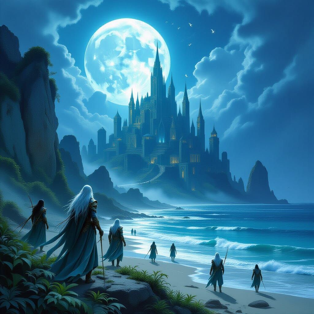 Moon Elves Land on Lush Coast in High Fantasy Digital Painti...