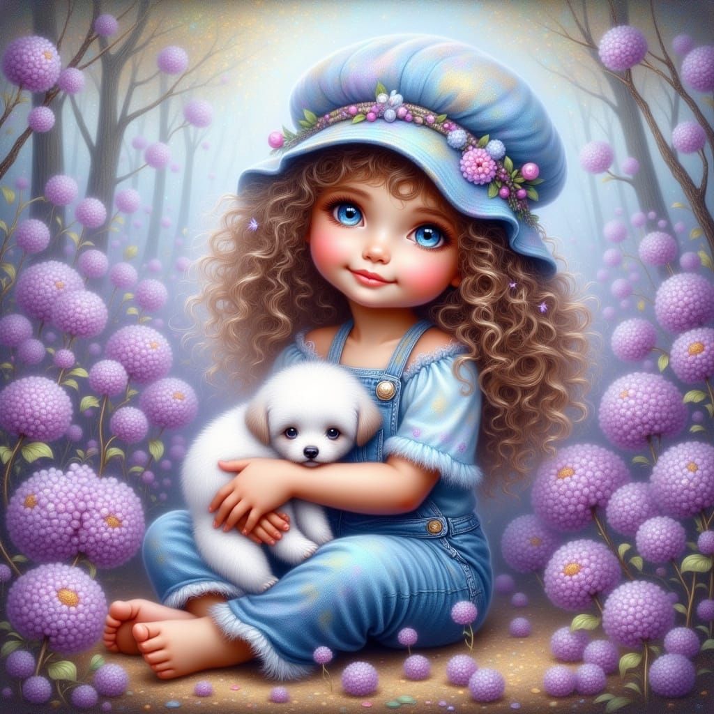 Whimsical Child with Puppy in Misty Forest