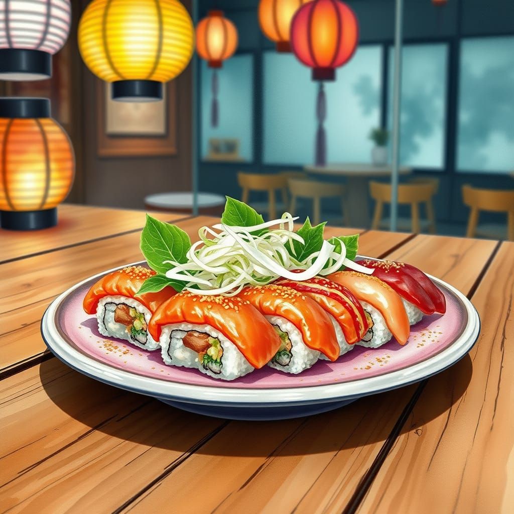 Colorful Sushi on a Wooden Table in Vibrant Food Illustratio...
