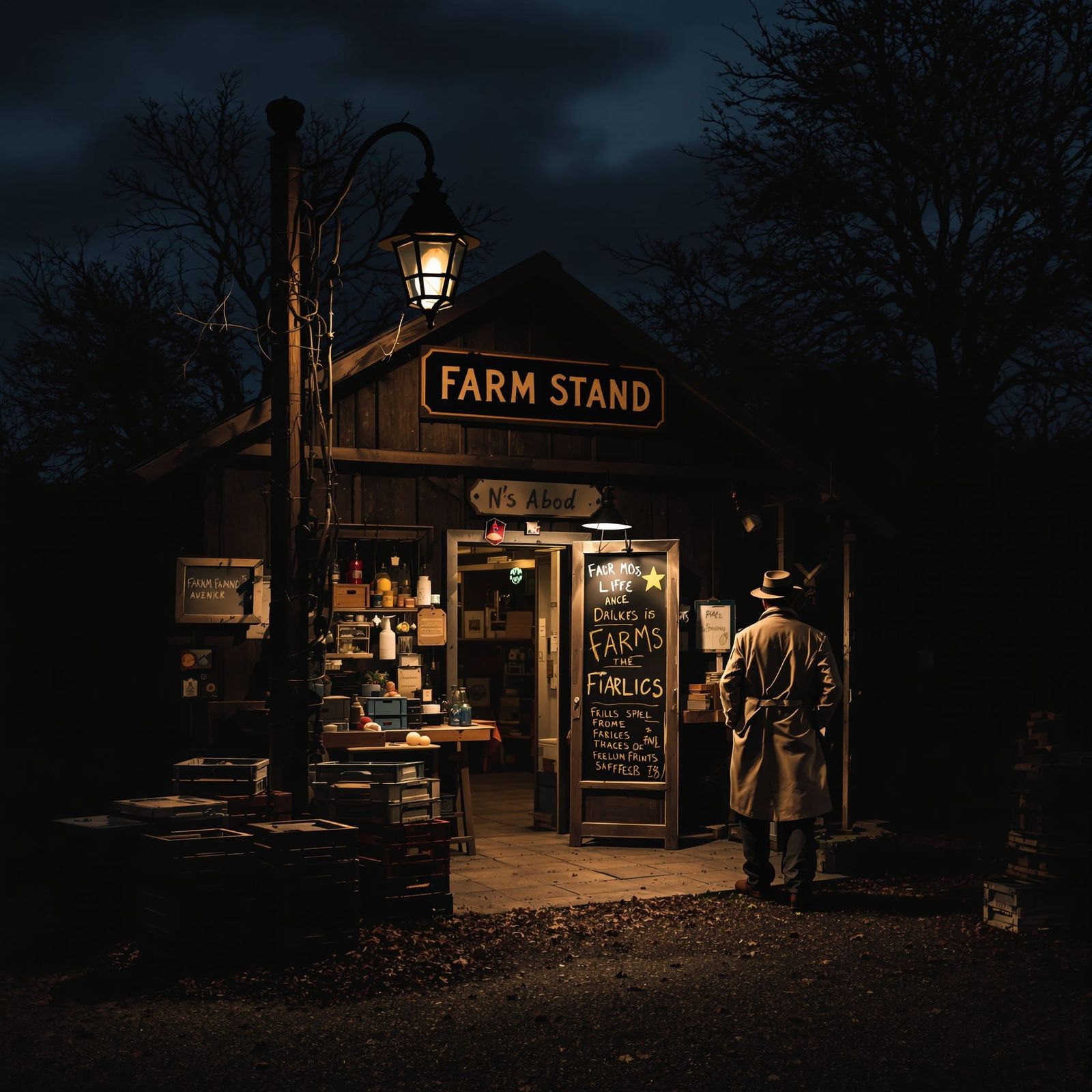Noir Farm Stand at Dusk: A Detective Story