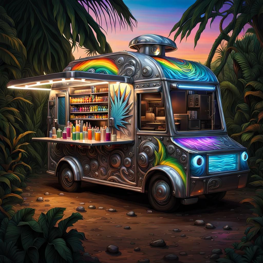 Steampunk Food Truck in Jungle at Sunset