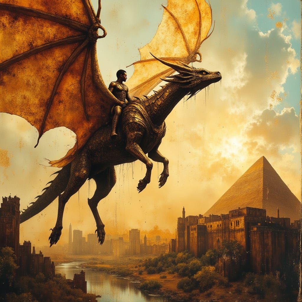 Warrior Riding Dragon Above Egyptian Fortress at Sunrise