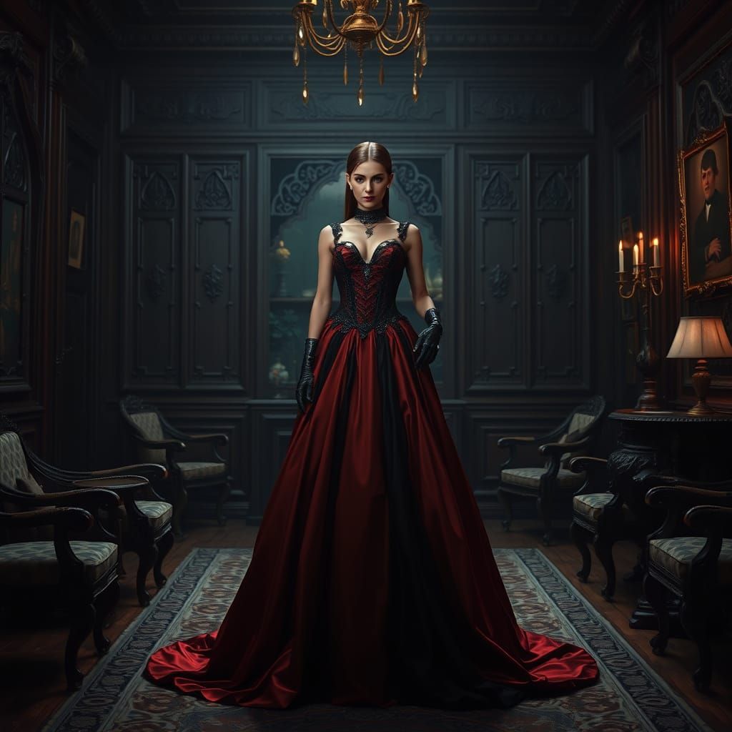 Woman in Red Gown: Futuristic Noir Aesthetic