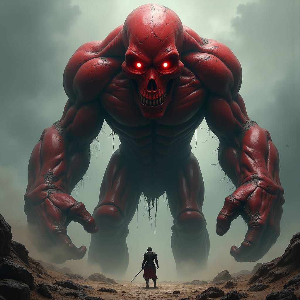 Colossal Crimson Golem of Darkness in Dark Fantasy Style