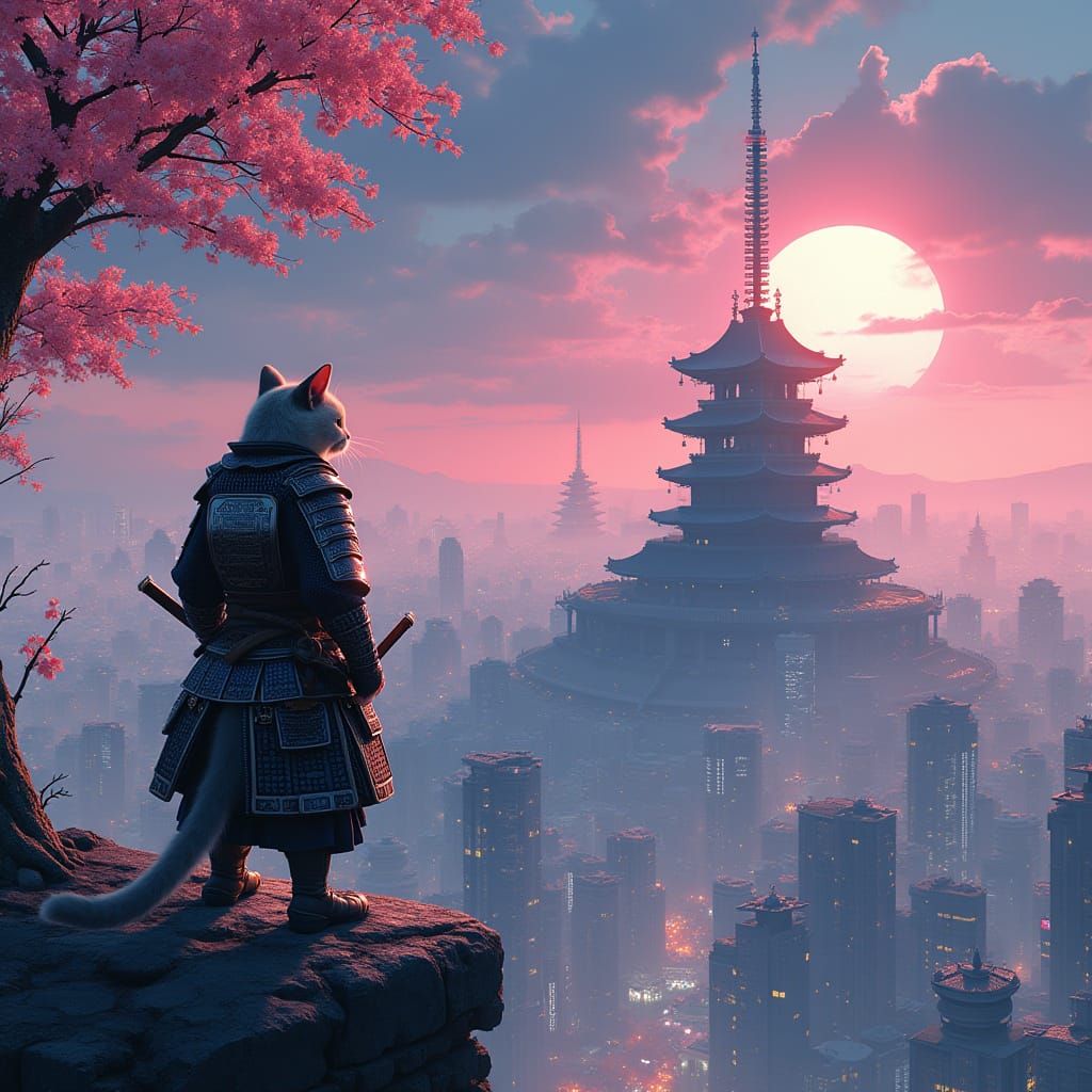 Samurai Cat in Cyberpunk City, Matte Painting