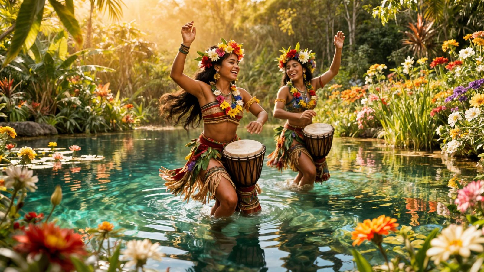 Indigenous Women Dancing in Mystical Flower Lagoon