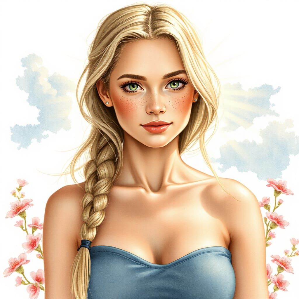 Pretty Woman with Freckles in Spring Sunrise