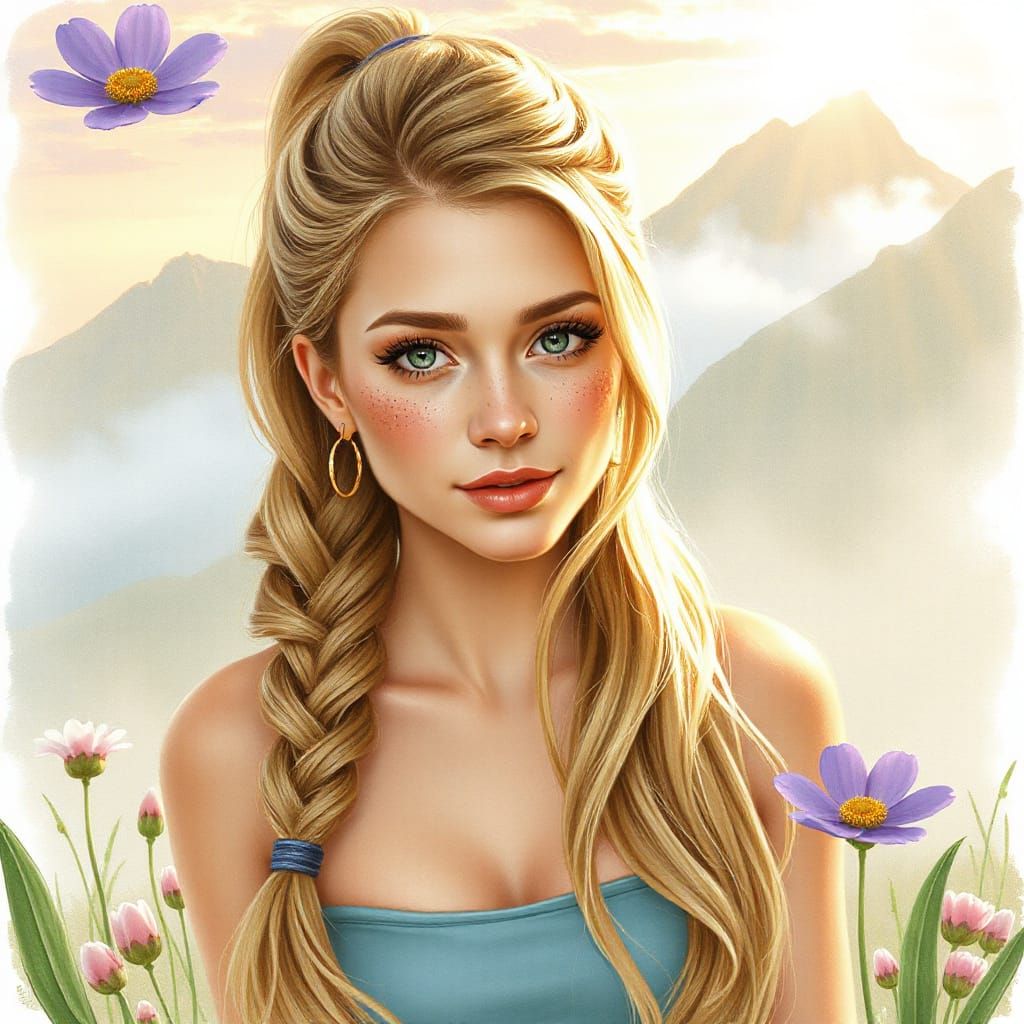 Pretty Woman with Freckles in Spring Sunrise Sketch