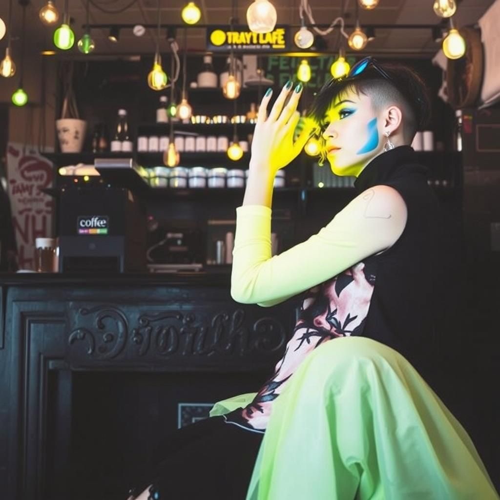 Goth Model in Neon-Lit Coffee Shop