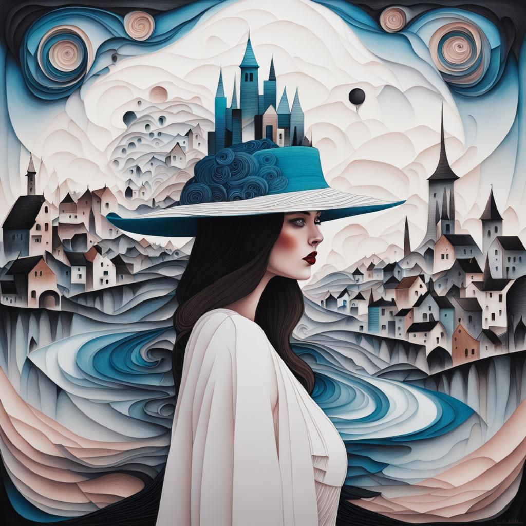 Surreal Woman in Town: Abstract Ink Painting