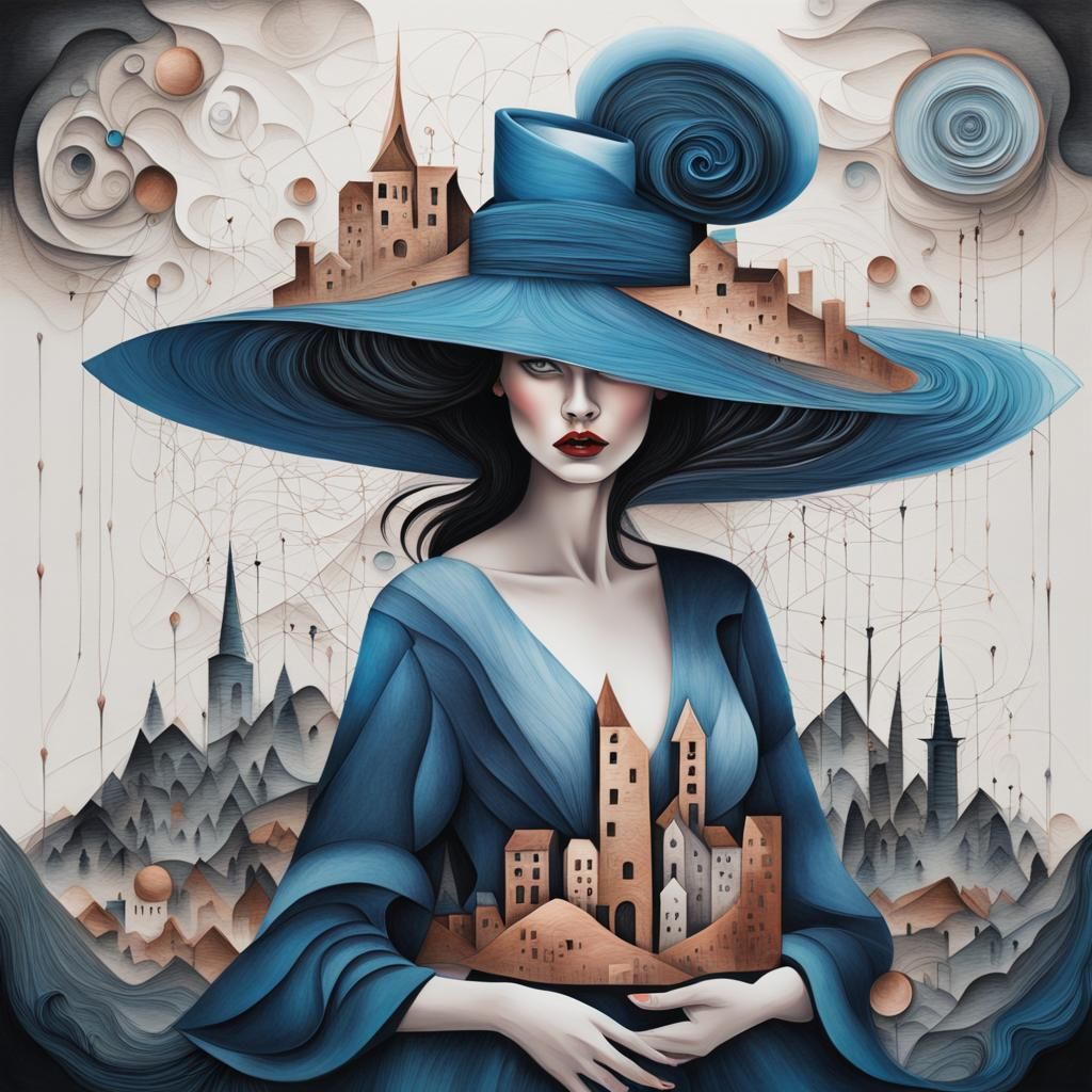 Surreal Woman in Blue Hat: Quilling Art