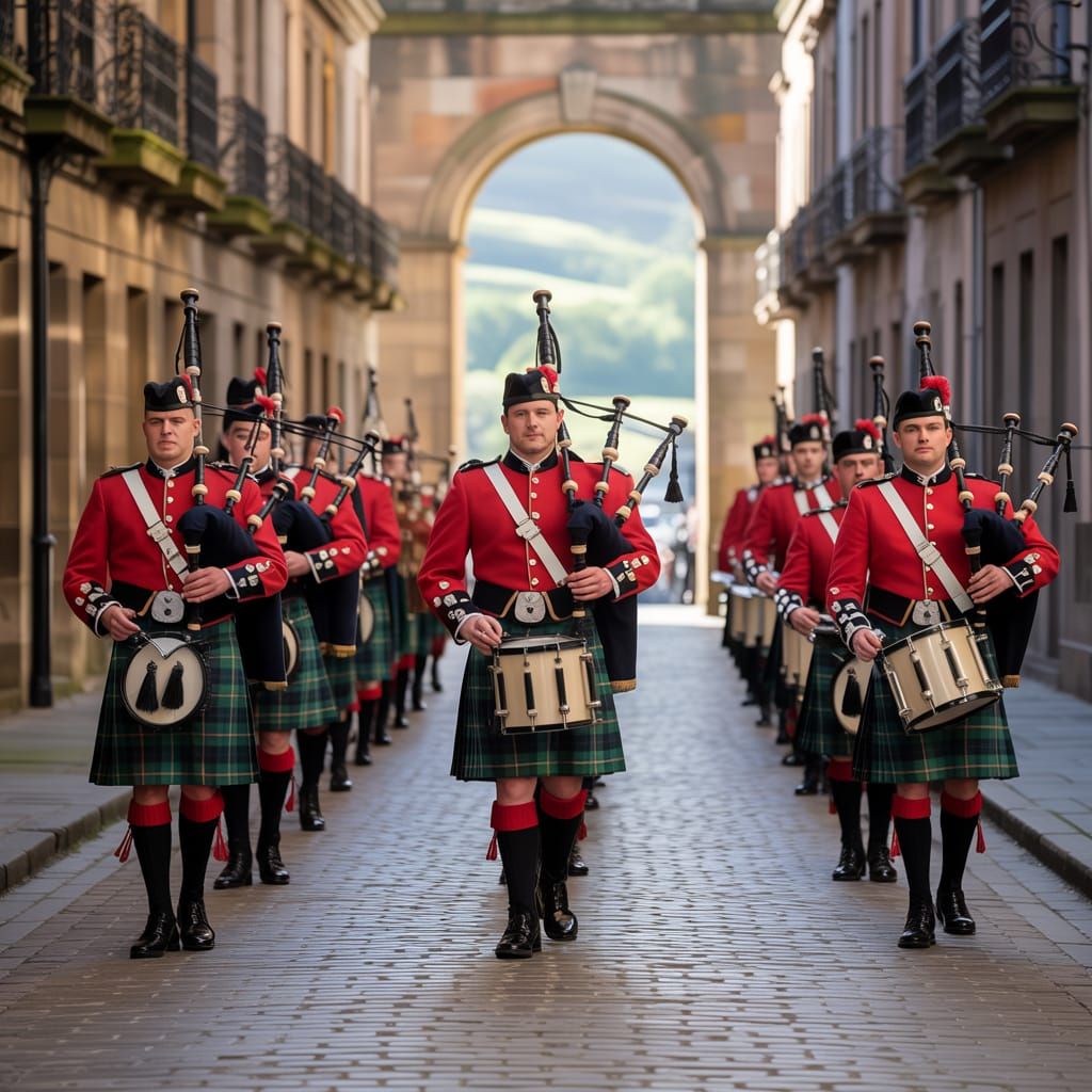 Bagpipe Band in Gordon Tartan Kilts on Cobbled Street