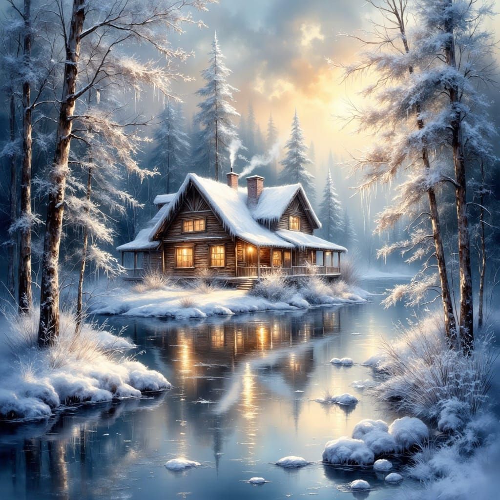 A cozy log cabin nestled deep in a snow-covered forest,