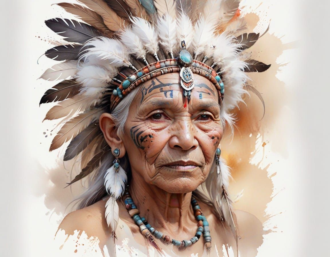 Tribal Elder Portrait with Ornate Tattoos in Watercolour Sty...
