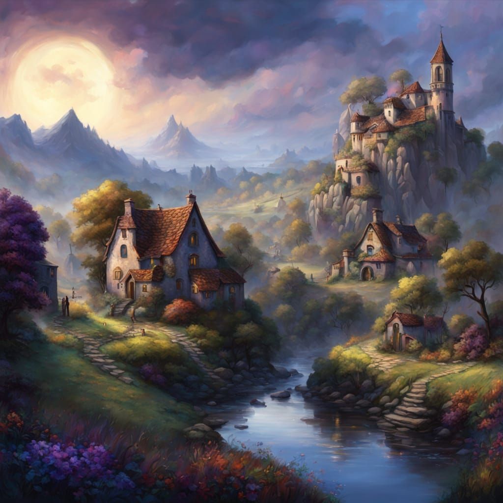 Village View Through Open Window in Impressionist Style