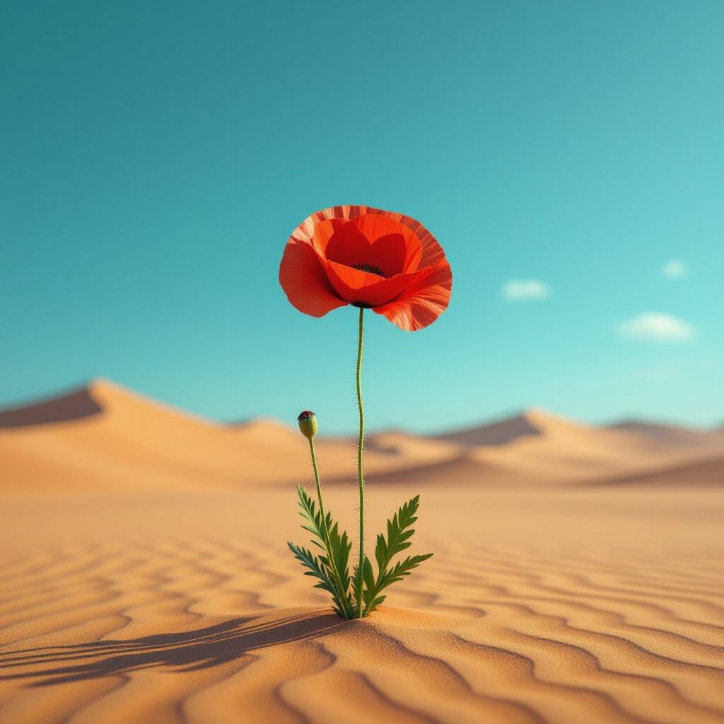 Vivid Red Poppy in Vast Desert Landscape