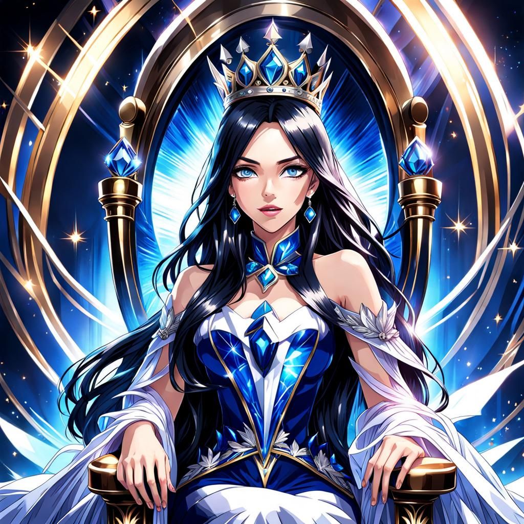 Anime Style Queen With Sapphire Dress and Silver Crown