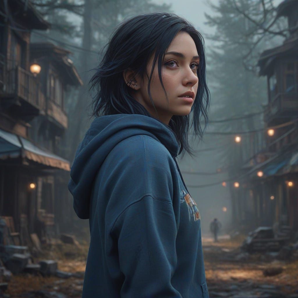 Young Girl in Dreamlike Landscape, Inspired by Cyberpunk and...