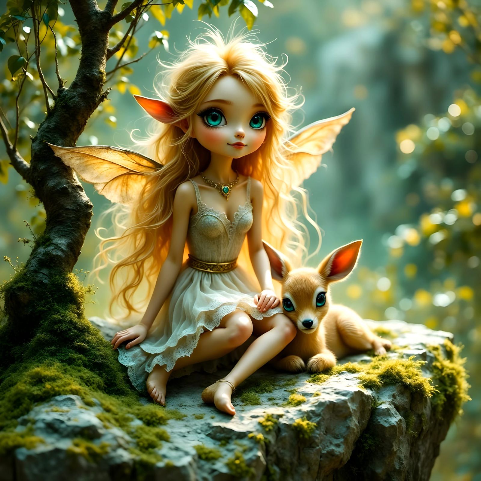 Mystical Pixie Woman in Ethereal Forest Landscape