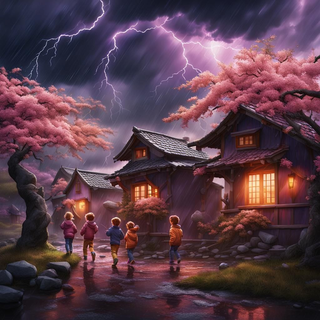 Children Play Under Cherry Blossom Trees During Storm