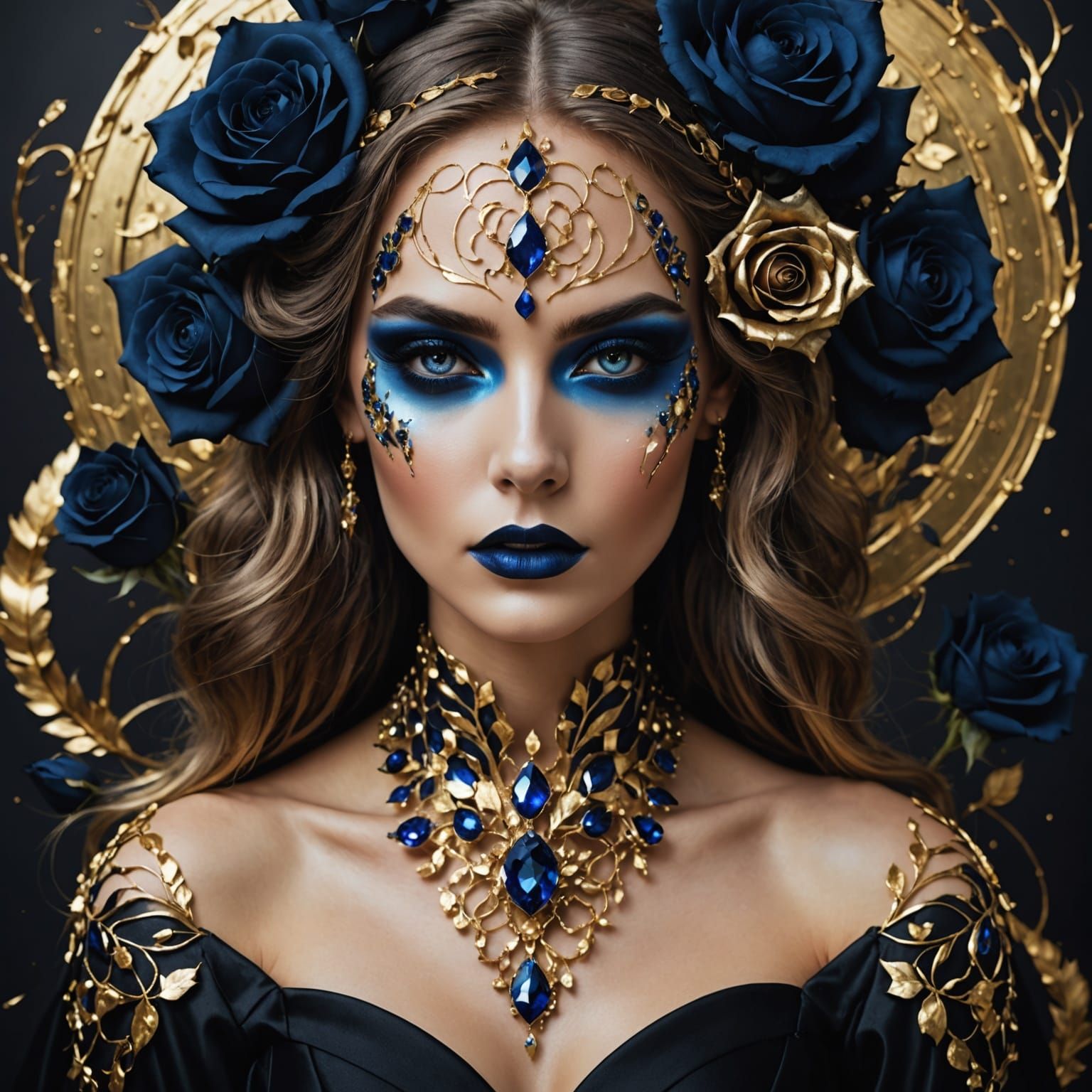 Utopic beautiful woman, with sapphire eyes, abstract makeup on her face in gold and silver, with hair From black roses w...