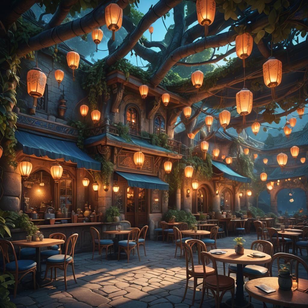 Mystical Cafe at Dusk: Fantasy Concept Art