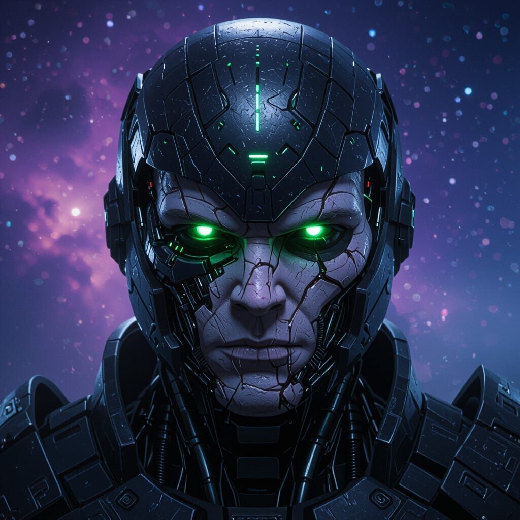 Menacing Cybernetic Face in High-Detail Sci-Fi Style