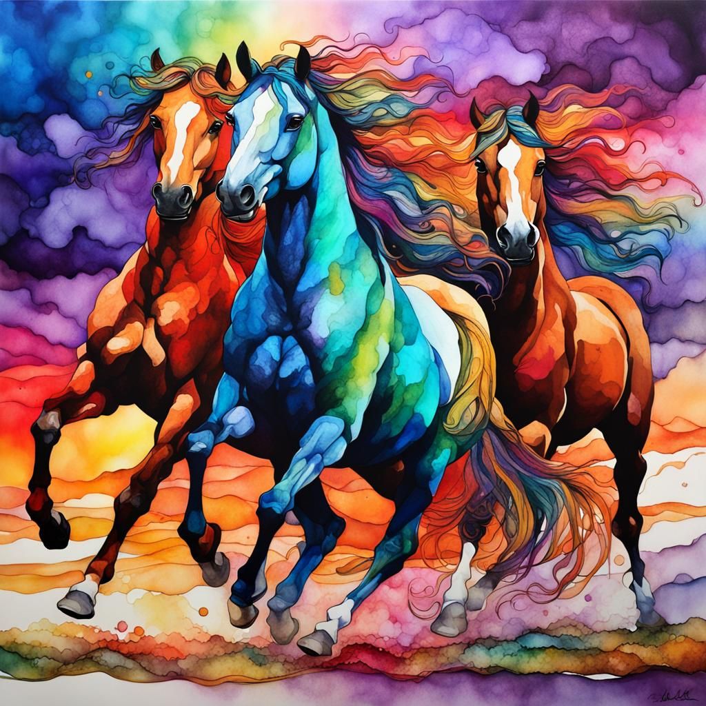 Vibrant Stallions Galloping at Sunset in Alcohol Ink