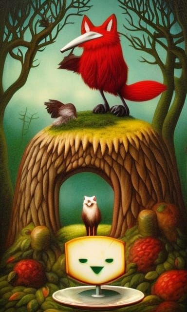 Fox, Crow, and Cheese: A Whimsical Surreal Scene