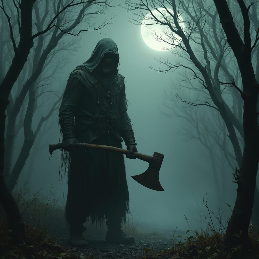 Menacing Man with Axe in Misty Forest at Night