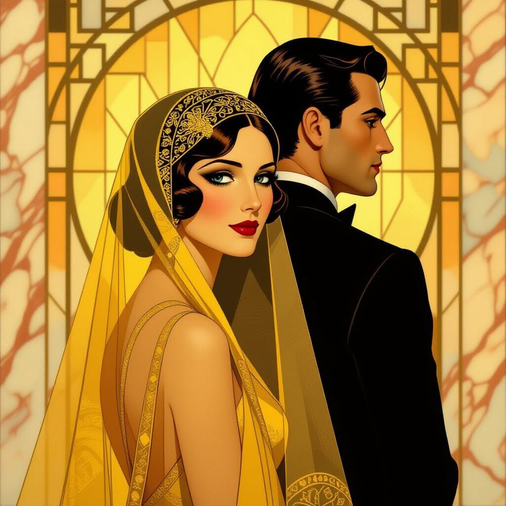 Art Deco Couple Behind Golden Veil