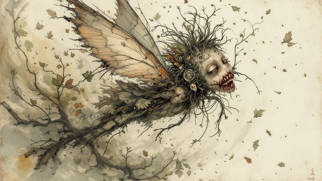 Whimsical Pixie in a Twisted Vortex of Leaves