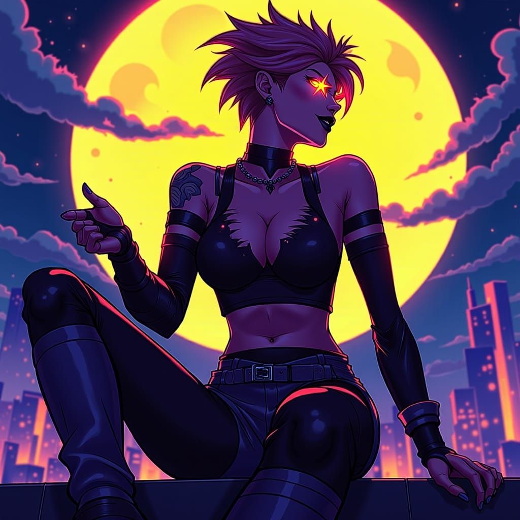 Metal Woman on Ledge in Cityscape, Webtoon Style