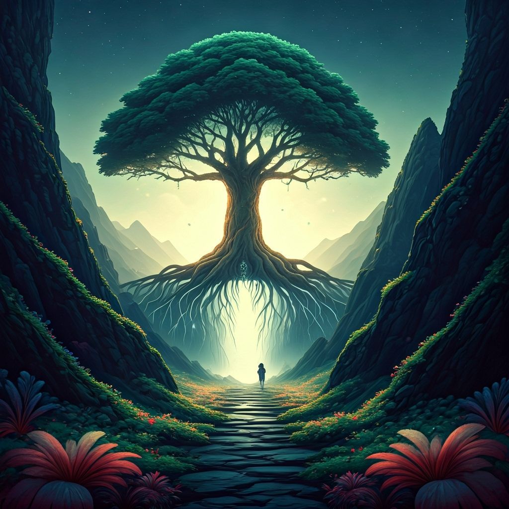 Ancient Tree Portal in Misty Valley - Ethereal Fantasy Art