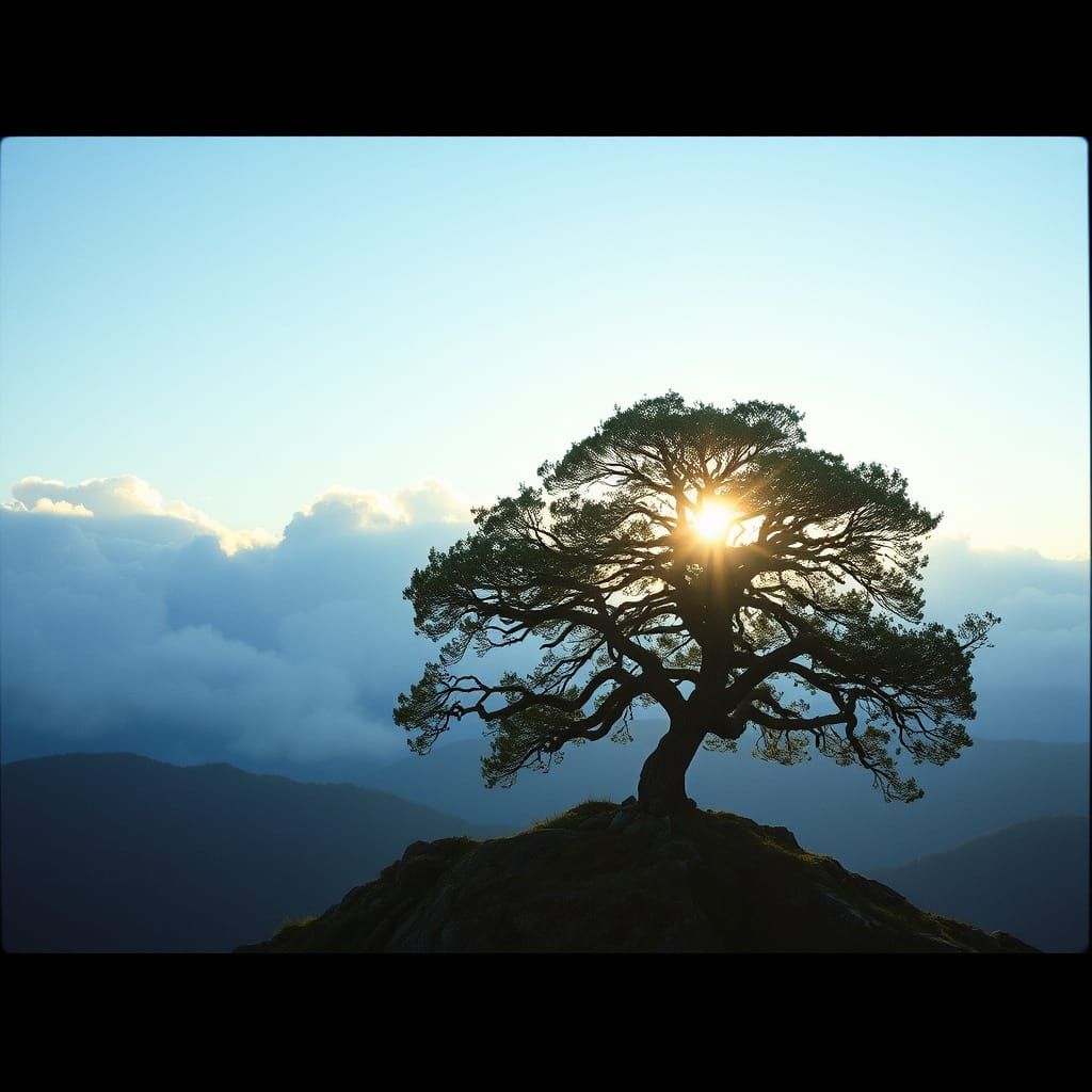 Ethereal Mountain Tree Radiates Brilliant Light