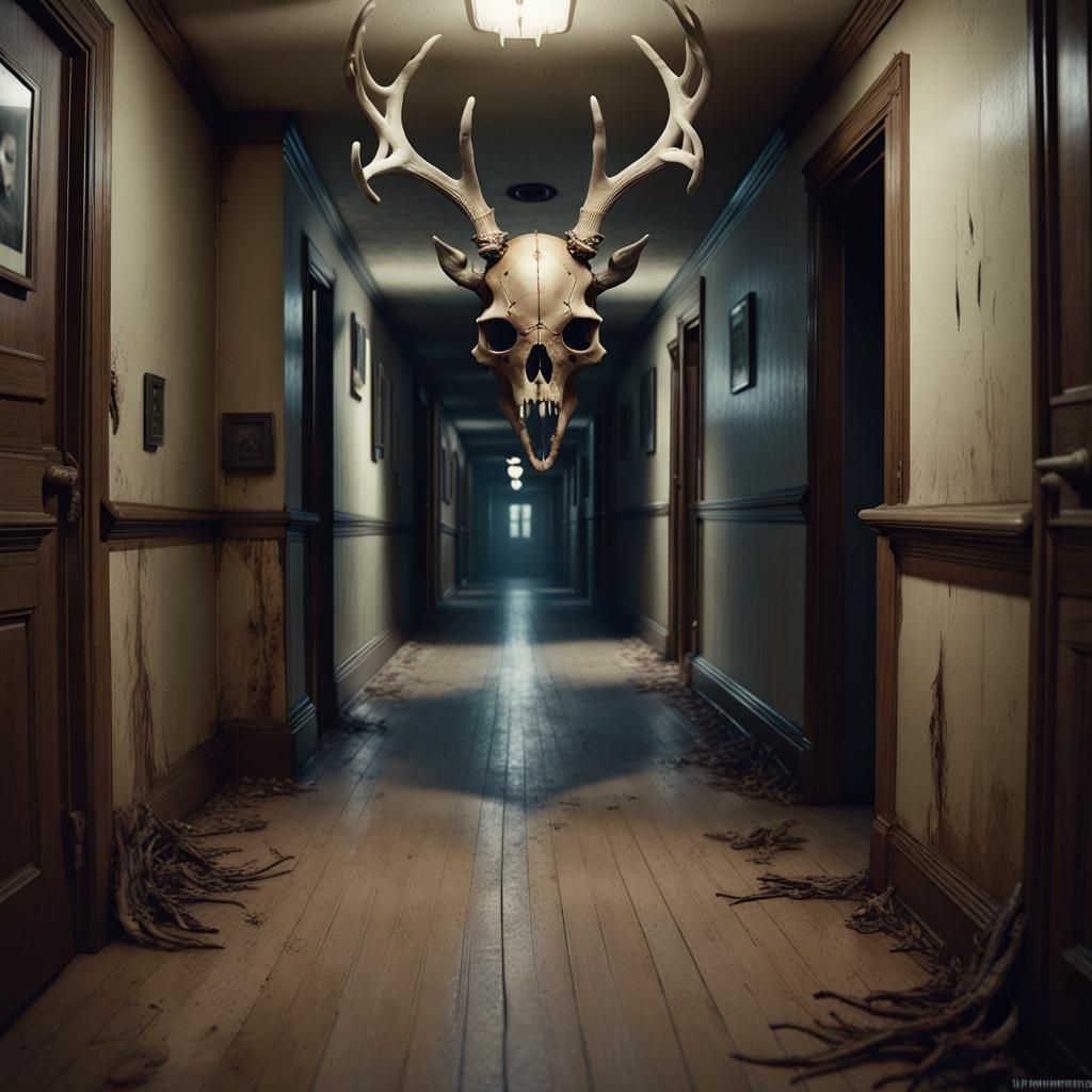 a terrifying monster at the end of a hallway, dark!, creepy, deer skull, nightmare fuel!!!, unsettling, uncanny valley!,...