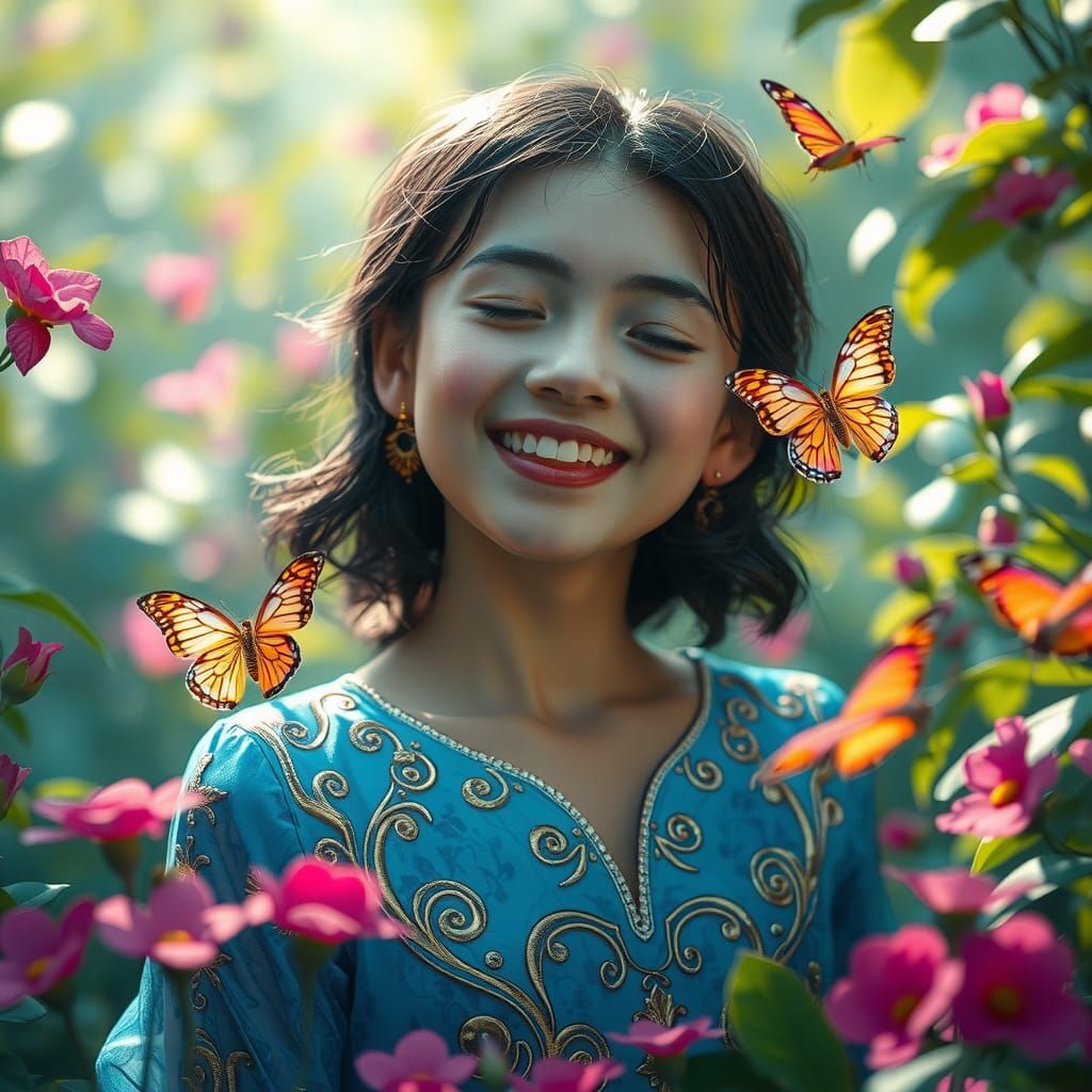 Joyful Woman in Dreamlike Landscape, Matte Painting