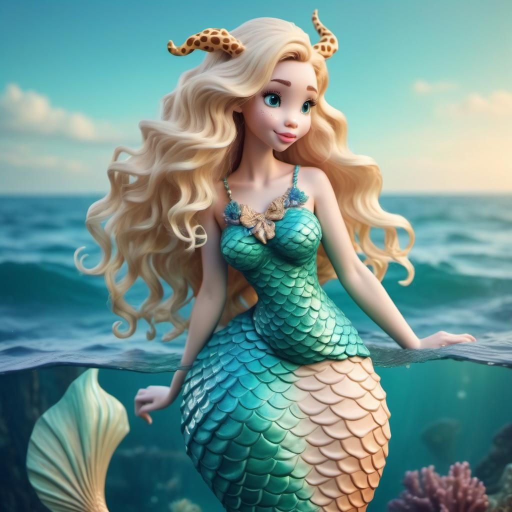 Disney style 3D beautiful mermaid giraffe hybrid chimera, long blond wavy hair, beautiful, mermaid tail, ocean backgroun...