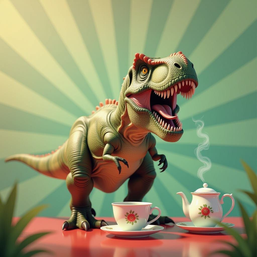 T-Rex Tea Party: Whimsical 3D Digital Art