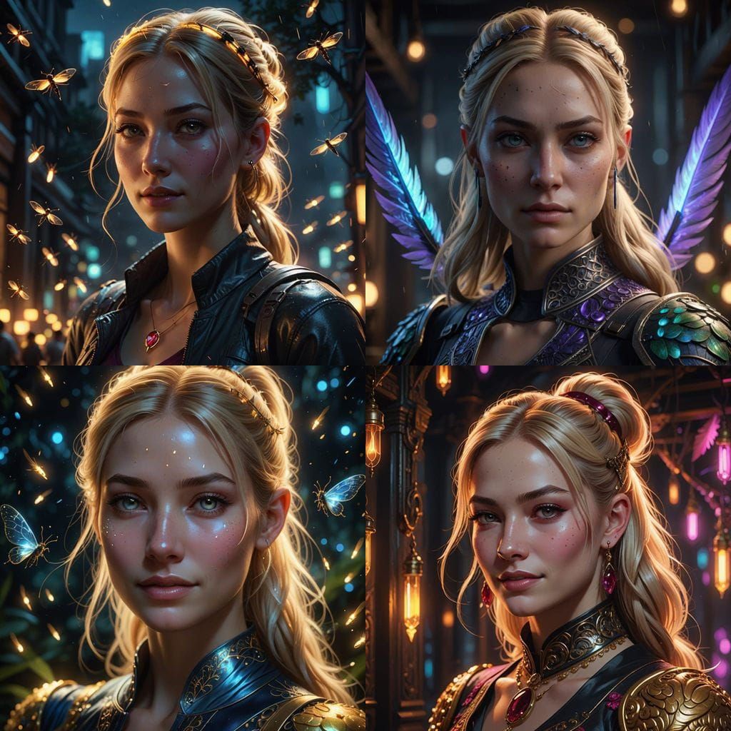 Slender Young Woman in Neon Glowing Room with Feather Textur...