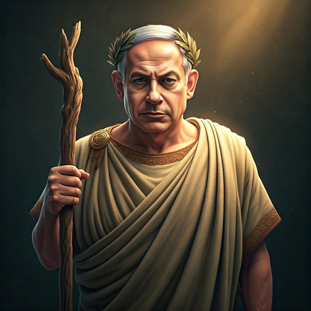 Man in Roman Toga with Wooden Staff, Ghibli-esque