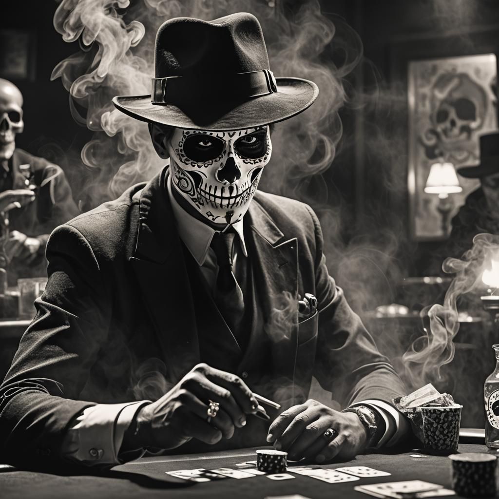 Sugar Skull Gangster Plays Poker Noir Film Still