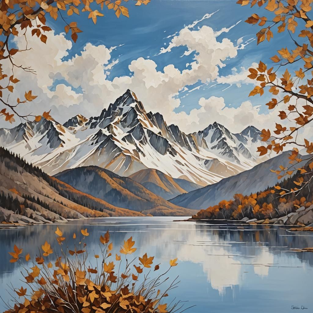 Abstract Mountains Meet Golden Lake in Winter