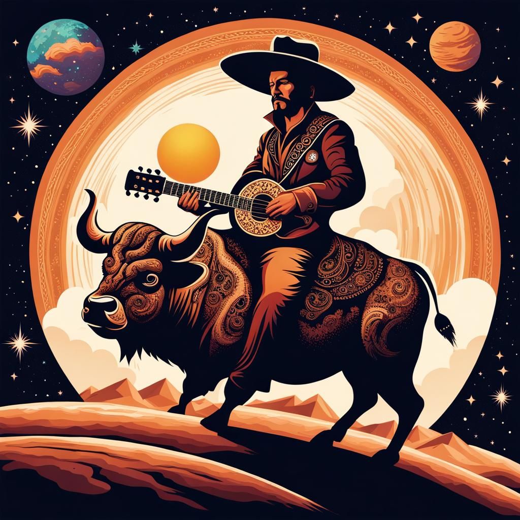 Cosmic Cowboy Rides Buffalo in Sugar Skull Style
