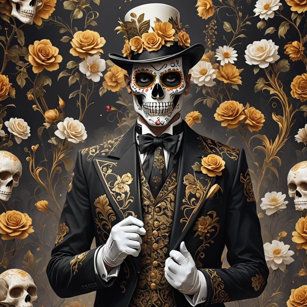 Handsome Sugar Skull Man in Floral Tuxedo