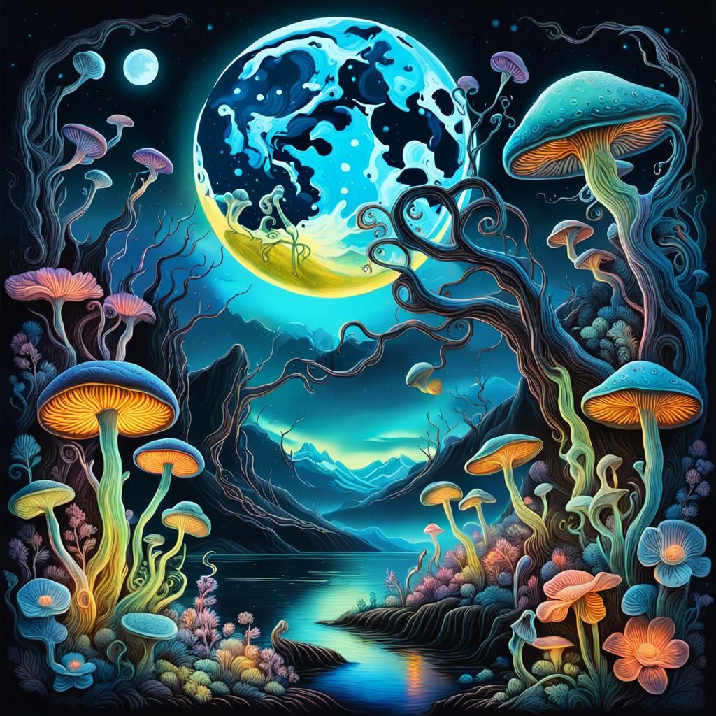 Bioluminescent Night Scene in Surrealist Style