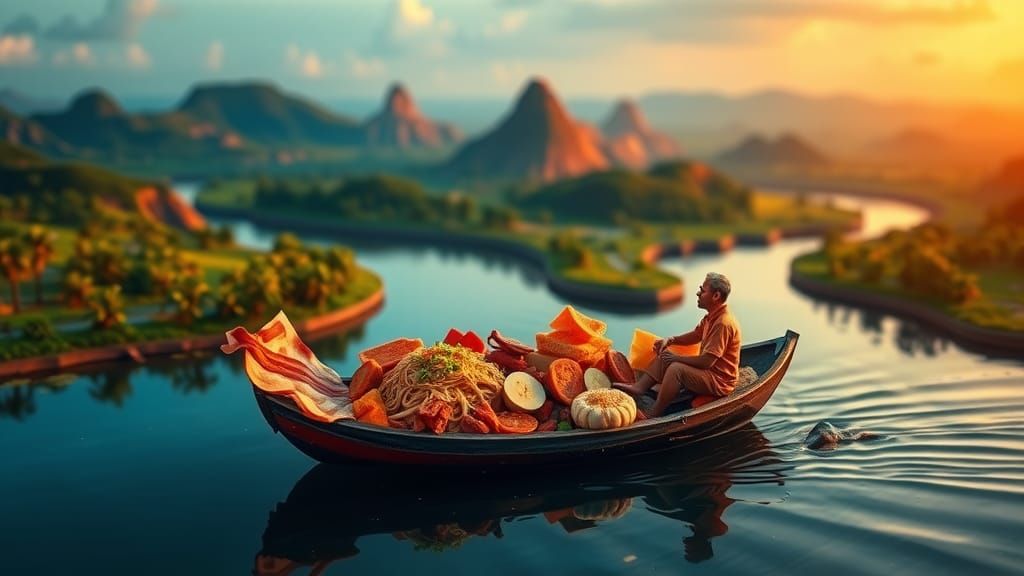 Miniature Food Landscape with River and Pork Mountain