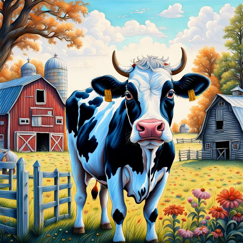 Adorable Cartoon Cow in Front of Barn: Colored Pencil Art