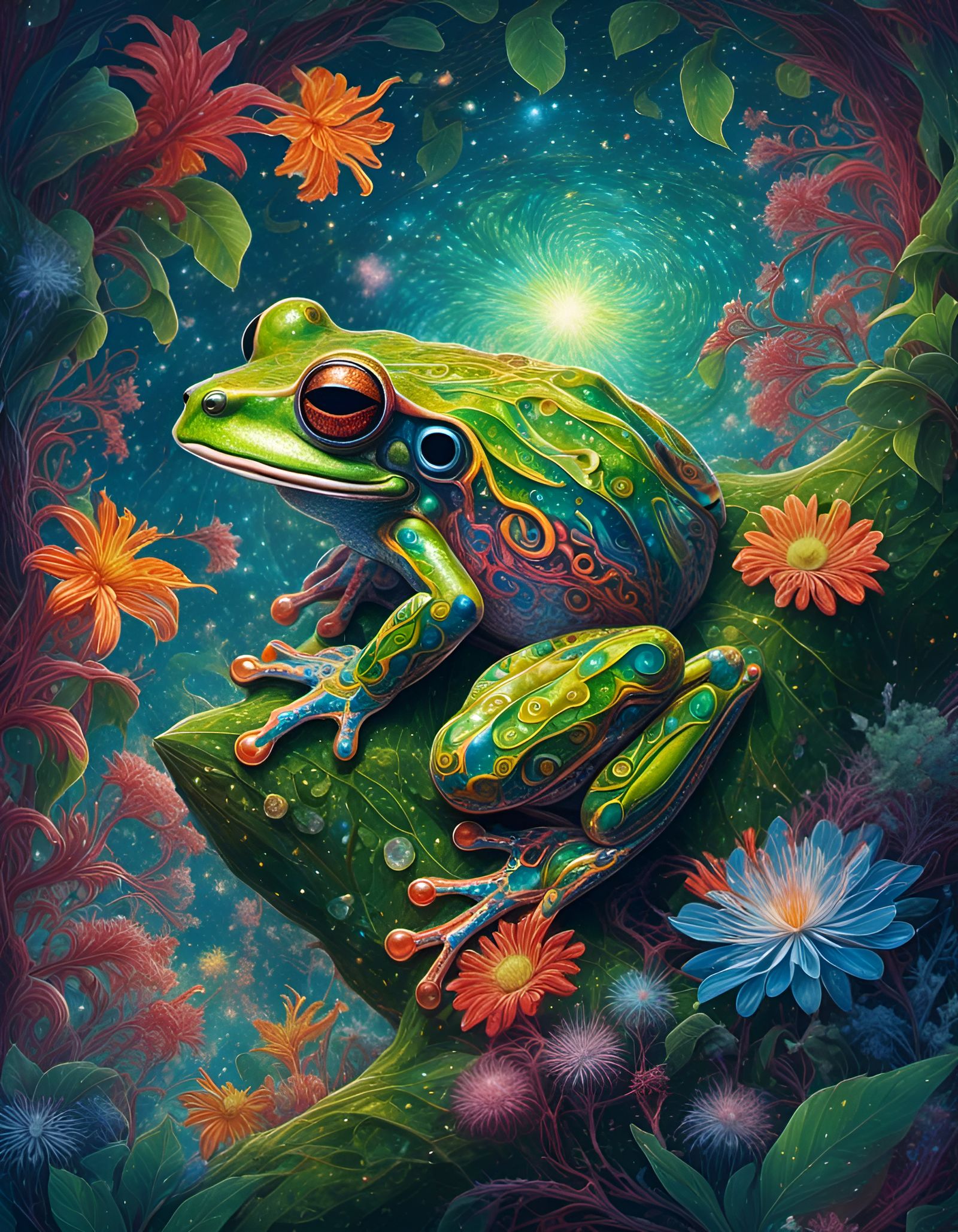 Treefrogs in Amazon Rainforest, Holographic Cosmic Illustrat...